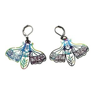Iridescent Rainbow Moth Butterfly Bug Black Leverback Dangle Earrings
